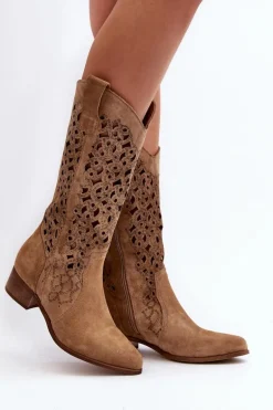 Zazoo 3403 Ażurowe Kozaki Damskie Na Niskim Obcasie Beżowe