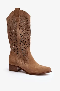 Zazoo 3403 Ażurowe Kozaki Damskie Na Niskim Obcasie Beżowe
