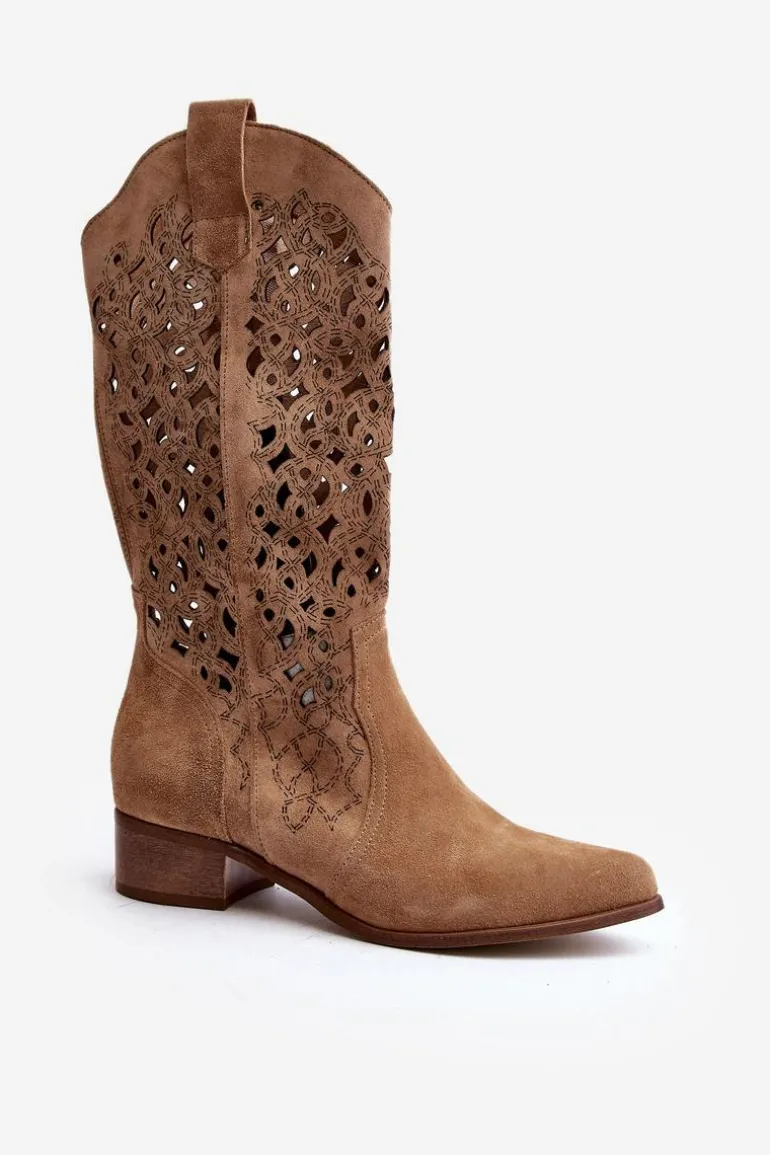 Zazoo 3403 Ażurowe Kozaki Damskie Na Niskim Obcasie Beżowe