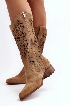 Zazoo 3403 Ażurowe Kozaki Damskie Na Niskim Obcasie Beżowe