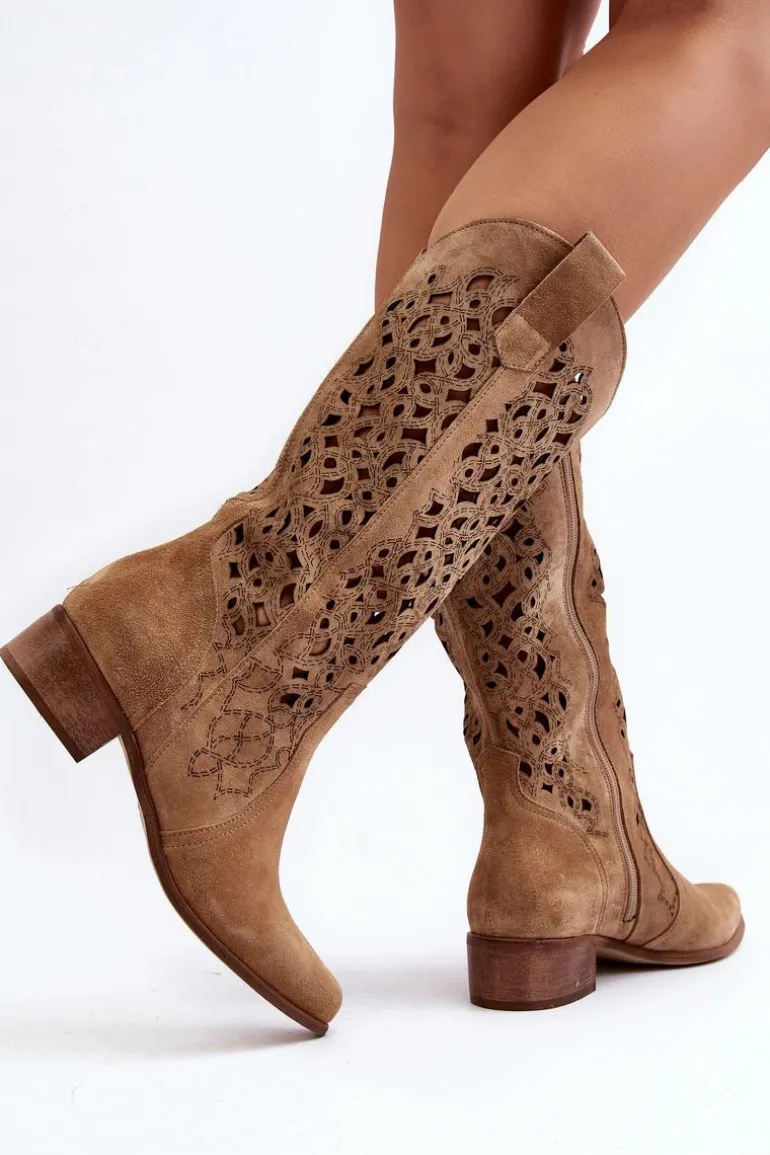 Zazoo 3403 Ażurowe Kozaki Damskie Na Niskim Obcasie Beżowe