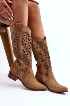 Zazoo 3403 Ażurowe Kozaki Damskie Na Niskim Obcasie Beżowe