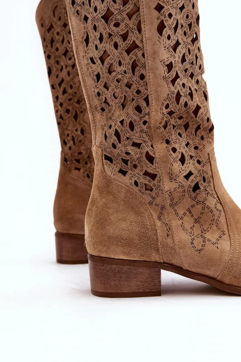Zazoo 3403 Ażurowe Kozaki Damskie Na Niskim Obcasie Beżowe