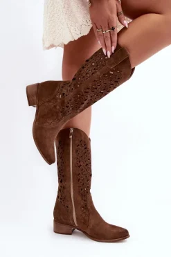 Zazoo 3403 Ażurowe Kozaki Damskie Na Niskim Obcasie Brązowe