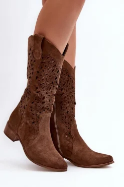 Zazoo 3403 Ażurowe Kozaki Damskie Na Niskim Obcasie Brązowe