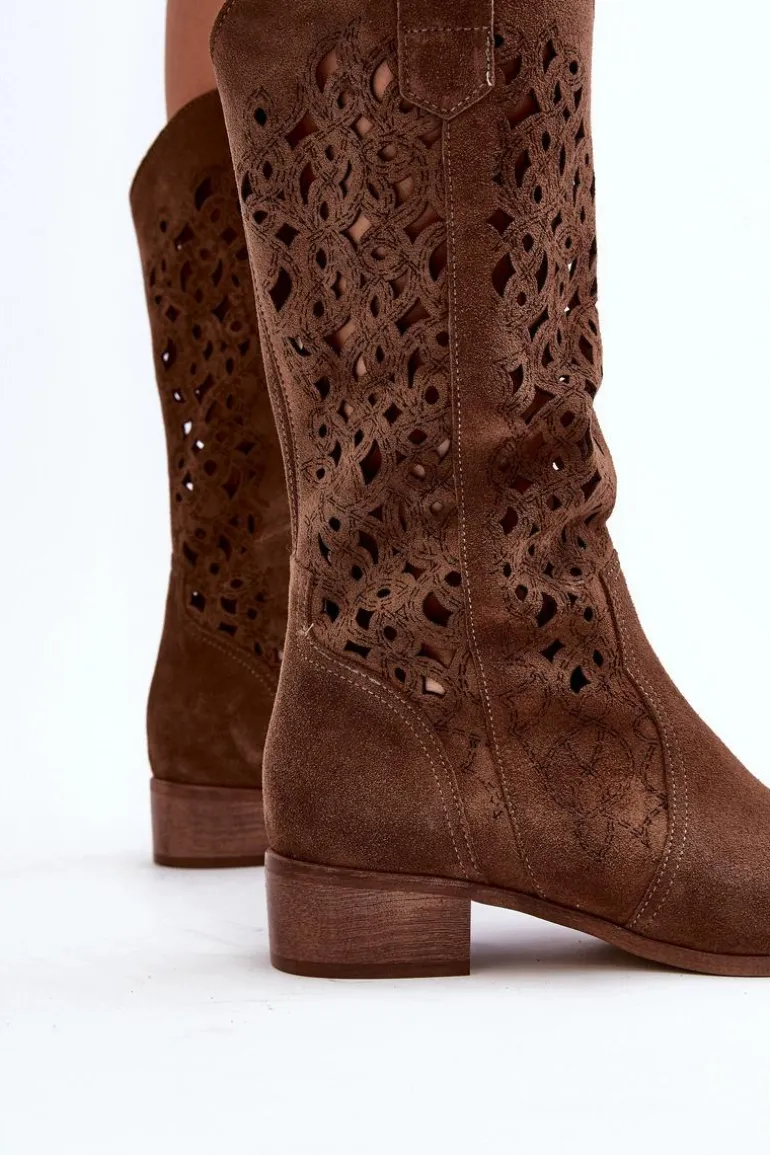 Zazoo 3403 Ażurowe Kozaki Damskie Na Niskim Obcasie Brązowe