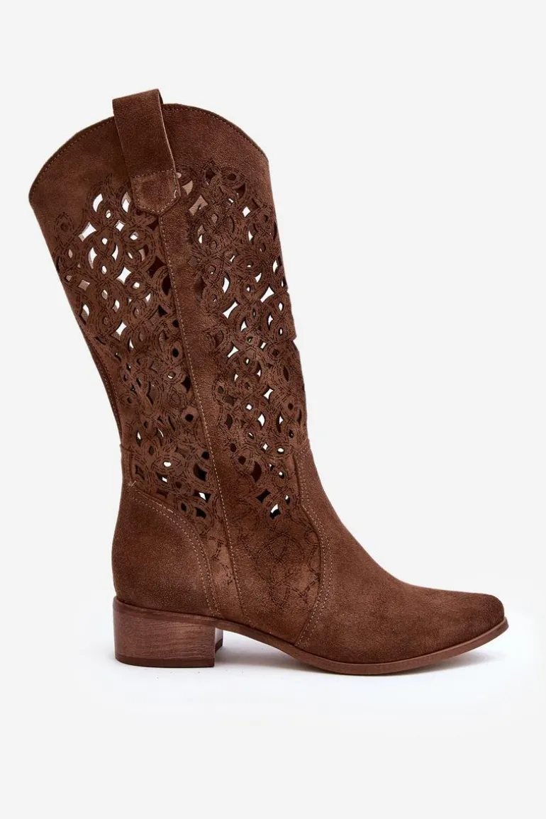 Zazoo 3403 Ażurowe Kozaki Damskie Na Niskim Obcasie Brązowe