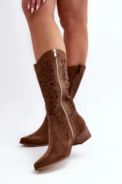 Zazoo 3403 Ażurowe Kozaki Damskie Na Niskim Obcasie Brązowe