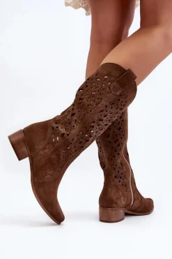 Zazoo 3403 Ażurowe Kozaki Damskie Na Niskim Obcasie Brązowe