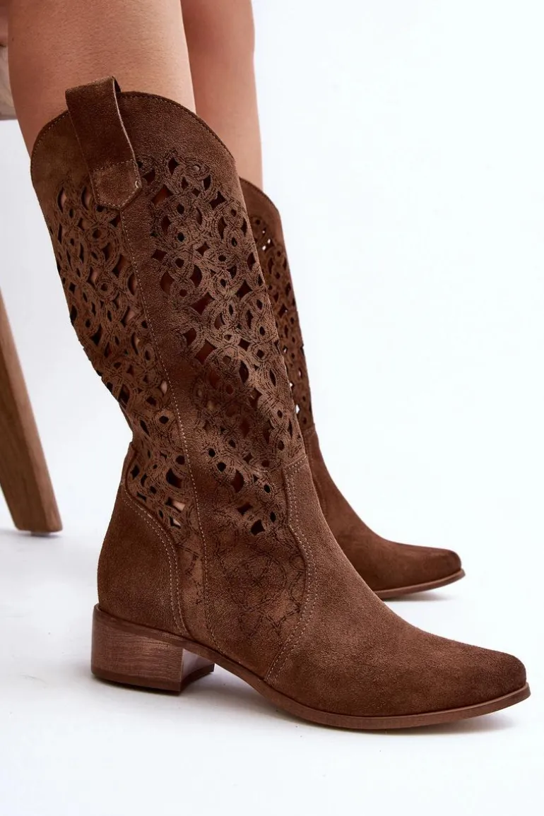 Zazoo 3403 Ażurowe Kozaki Damskie Na Niskim Obcasie Brązowe