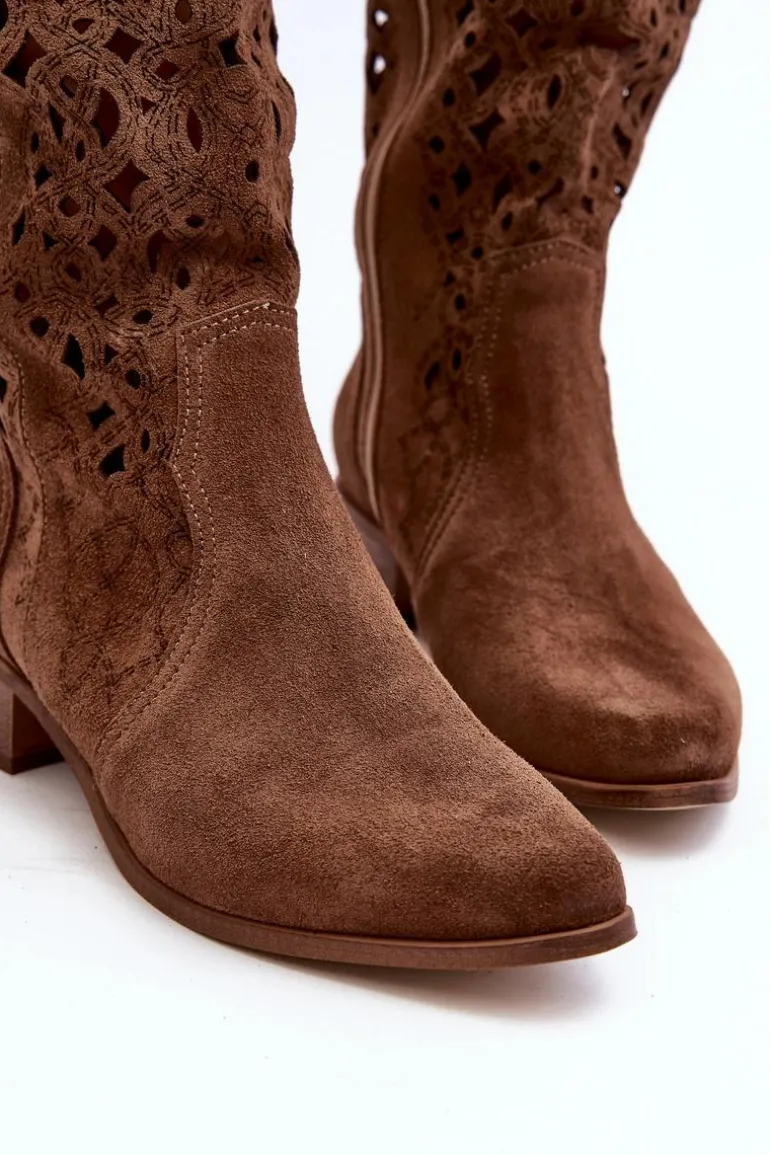 Zazoo 3403 Ażurowe Kozaki Damskie Na Niskim Obcasie Brązowe