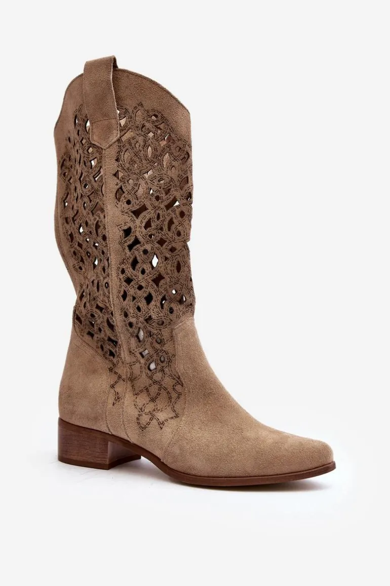 Zazoo 3403 Ażurowe Kozaki Damskie Na Niskim Obcasie Jasnobeżowe