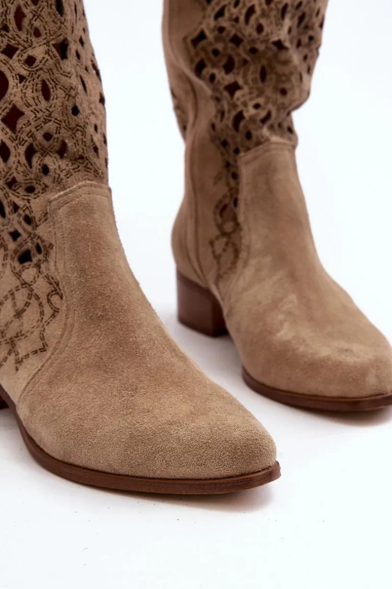 Zazoo 3403 Ażurowe Kozaki Damskie Na Niskim Obcasie Jasnobeżowe