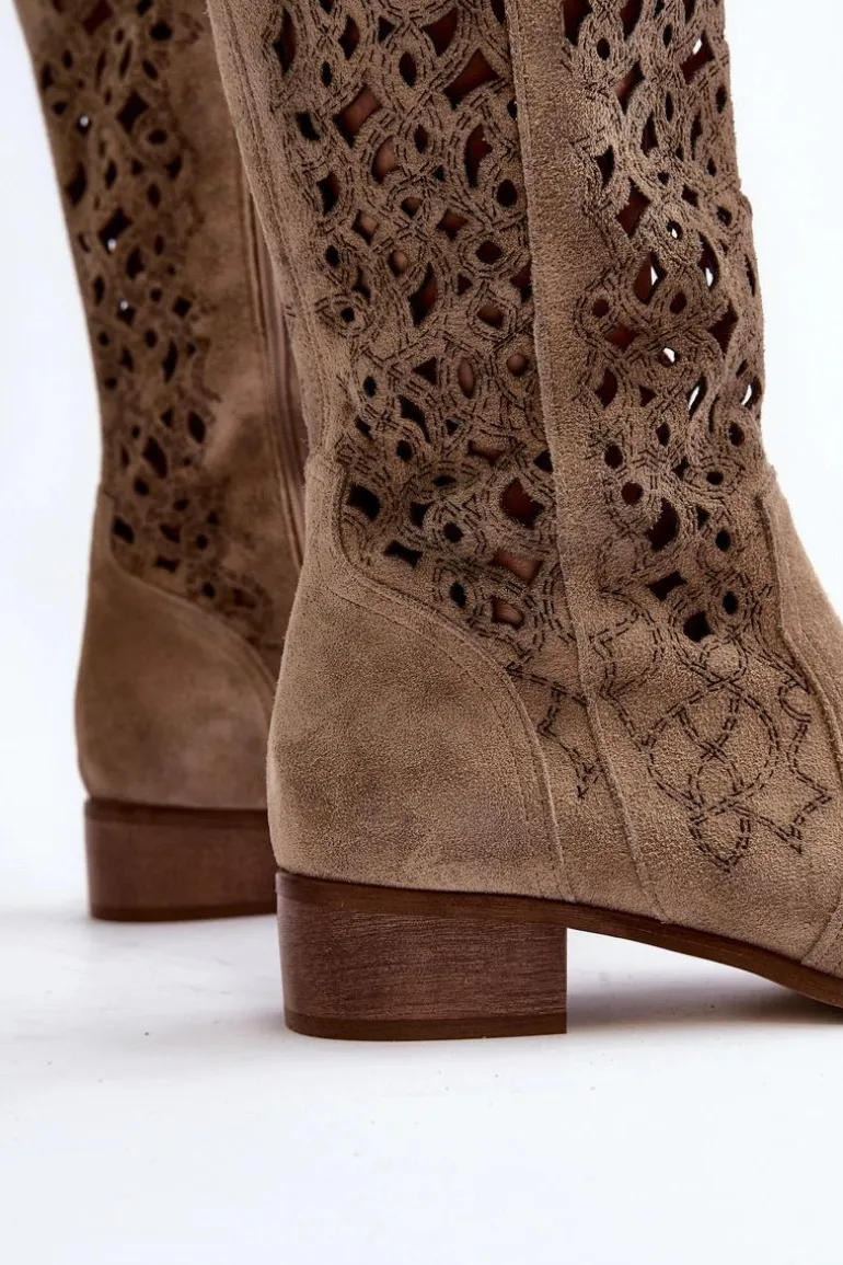 Zazoo 3403 Ażurowe Kozaki Damskie Na Niskim Obcasie Jasnobeżowe