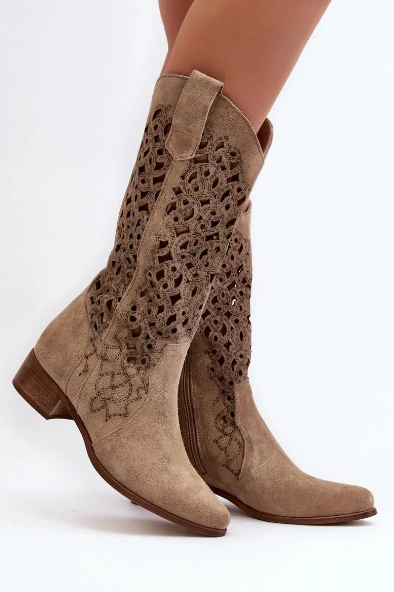 Zazoo 3403 Ażurowe Kozaki Damskie Na Niskim Obcasie Jasnobeżowe