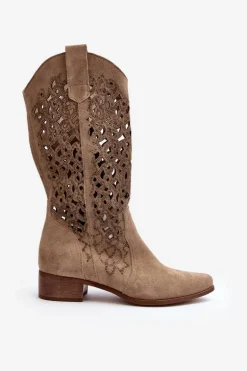 Zazoo 3403 Ażurowe Kozaki Damskie Na Niskim Obcasie Jasnobeżowe