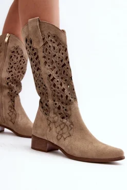 Zazoo 3403 Ażurowe Kozaki Damskie Na Niskim Obcasie Jasnobeżowe