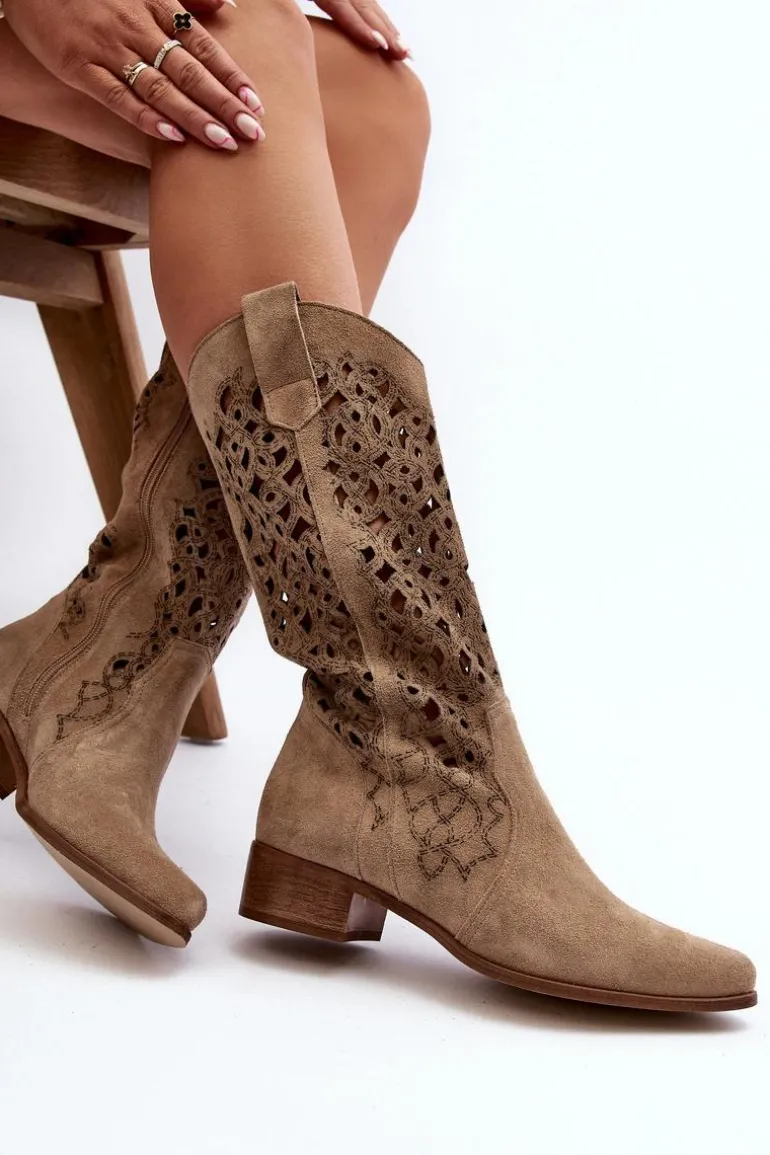 Zazoo 3403 Ażurowe Kozaki Damskie Na Niskim Obcasie Jasnobeżowe
