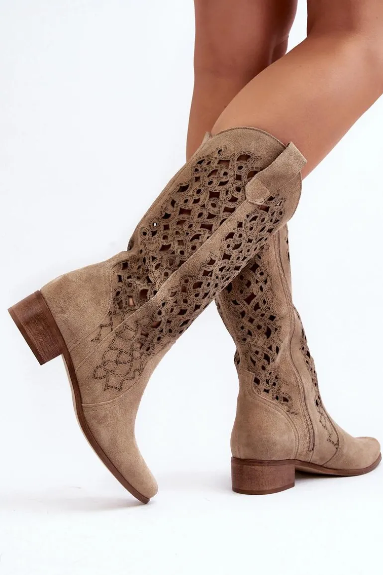 Zazoo 3403 Ażurowe Kozaki Damskie Na Niskim Obcasie Jasnobeżowe