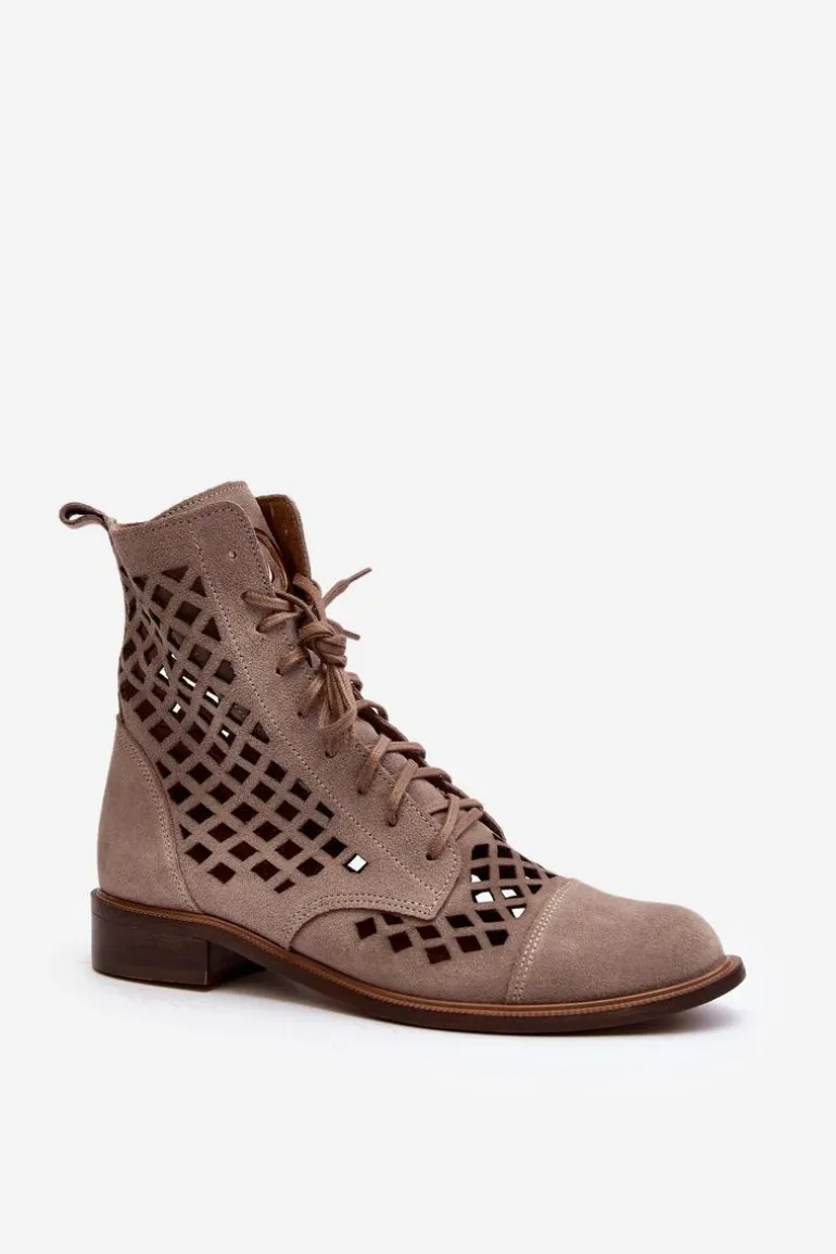 Zazoo 2695 Ażurowe Skórzane Botki Beżowe
