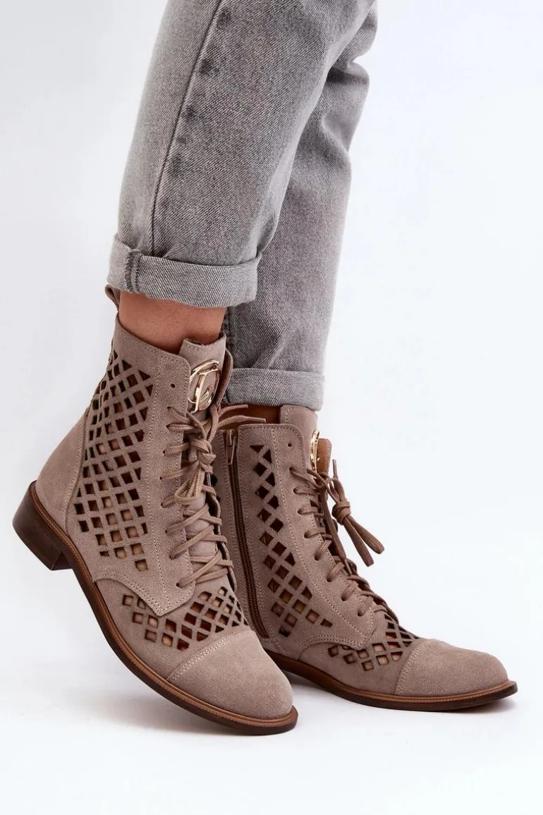 Zazoo 2695 Ażurowe Skórzane Botki Beżowe