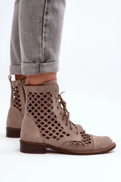 Zazoo 2695 Ażurowe Skórzane Botki Beżowe