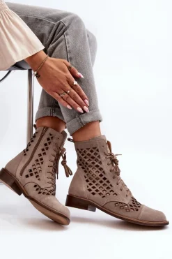Zazoo 2695 Ażurowe Skórzane Botki Beżowe