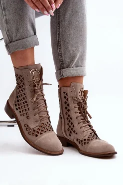 Zazoo 2695 Ażurowe Skórzane Botki Beżowe