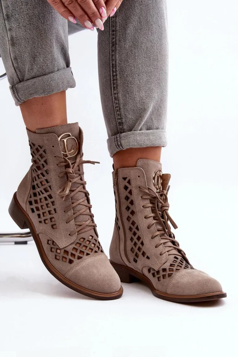 Zazoo 2695 Ażurowe Skórzane Botki Beżowe