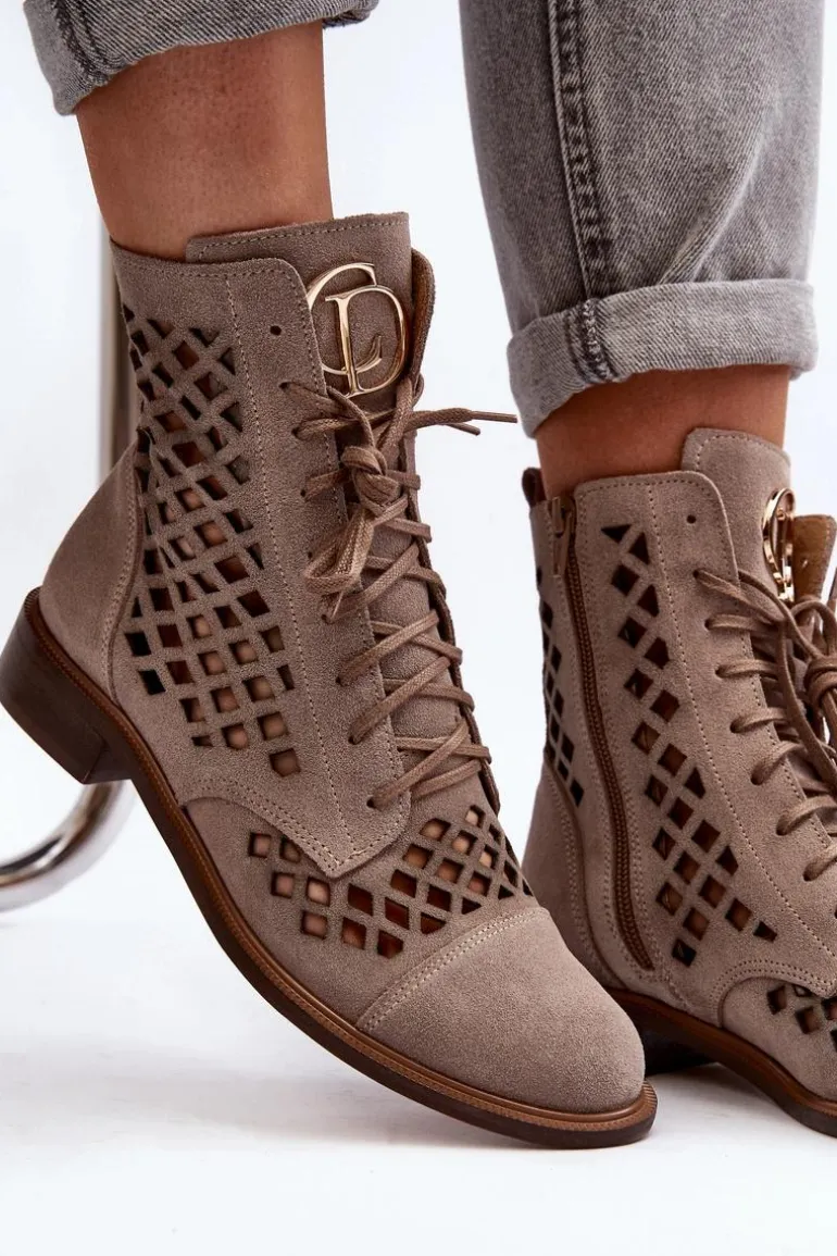 Zazoo 2695 Ażurowe Skórzane Botki Beżowe