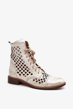 Zazoo 2695 Ażurowe Skórzane Botki Złoty Przecierany