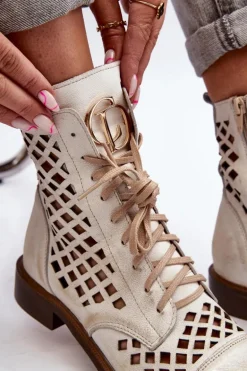 Zazoo 2695 Ażurowe Skórzane Botki Złoty Przecierany