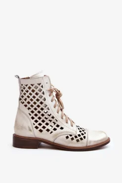 Zazoo 2695 Ażurowe Skórzane Botki Złoty Przecierany