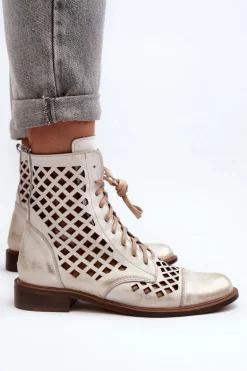 Zazoo 2695 Ażurowe Skórzane Botki Złoty Przecierany
