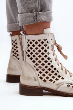 Zazoo 2695 Ażurowe Skórzane Botki Złoty Przecierany