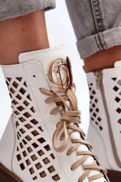 Zazoo 2695 Ażurowe Skórzane Botki Białe