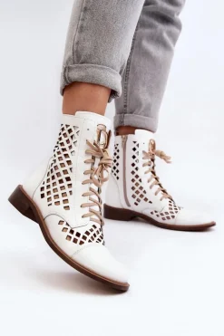 Zazoo 2695 Ażurowe Skórzane Botki Białe