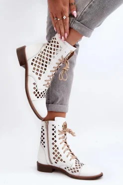 Zazoo 2695 Ażurowe Skórzane Botki Białe
