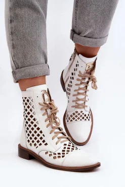 Zazoo 2695 Ażurowe Skórzane Botki Białe