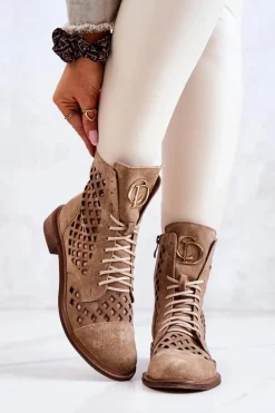 Zazoo 2695 Ażurowe Skórzane Botki Camel
