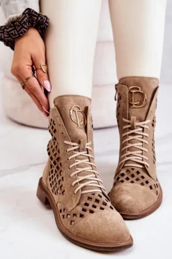 Zazoo 2695 Ażurowe Skórzane Botki Camel