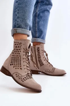 Zazoo 2627 Ażurowe Skórzane Botki Beżowe
