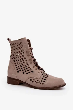 Zazoo 2627 Ażurowe Skórzane Botki Beżowe