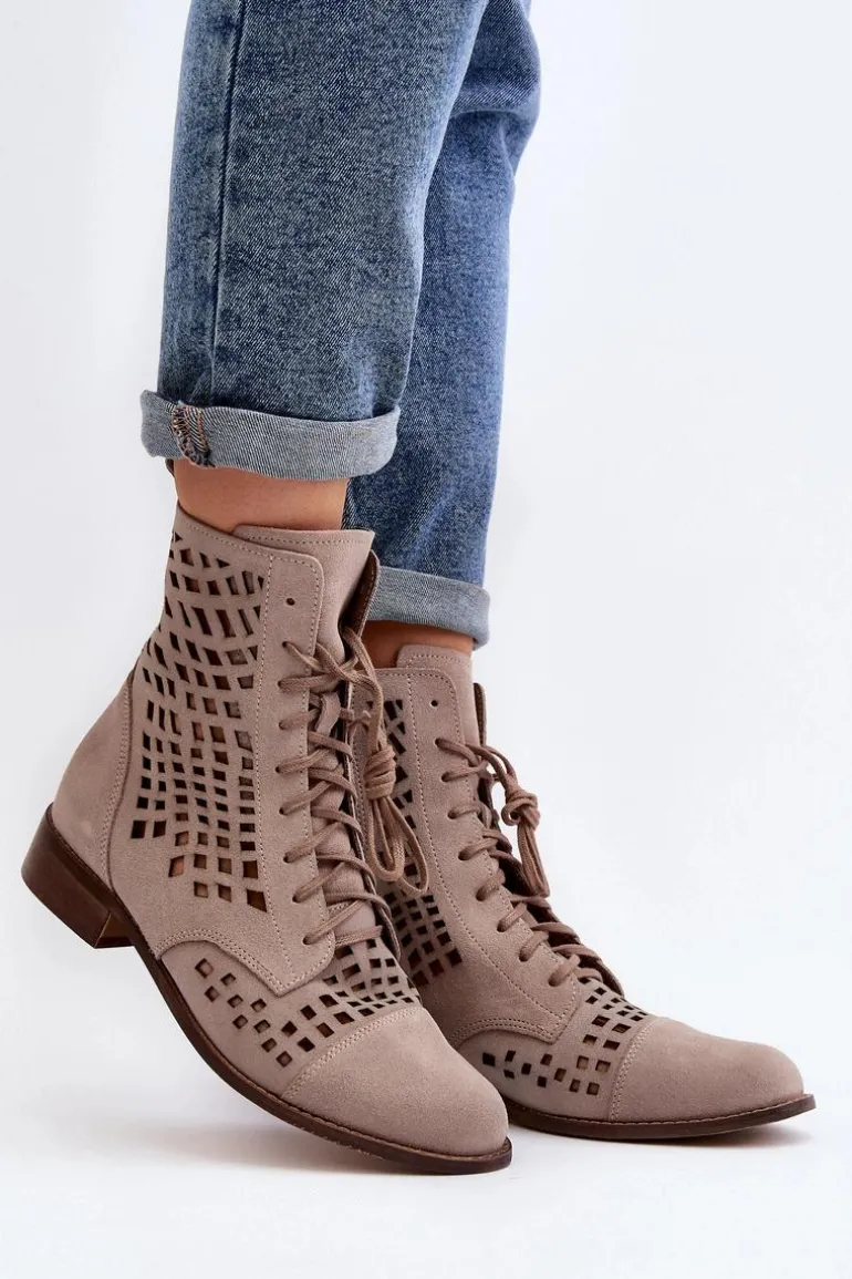 Zazoo 2627 Ażurowe Skórzane Botki Beżowe