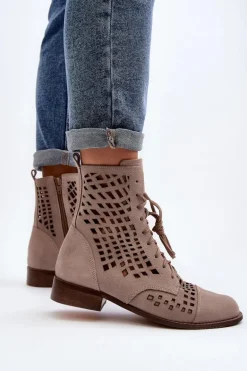 Zazoo 2627 Ażurowe Skórzane Botki Beżowe