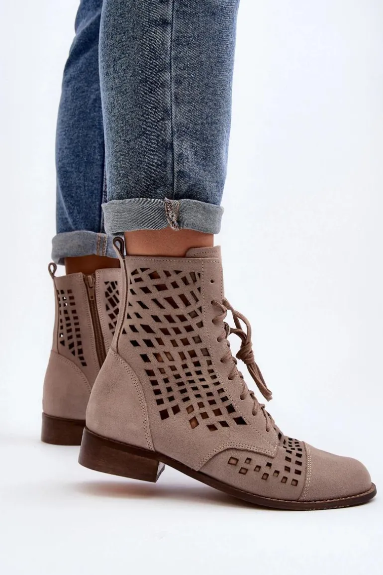 Zazoo 2627 Ażurowe Skórzane Botki Beżowe