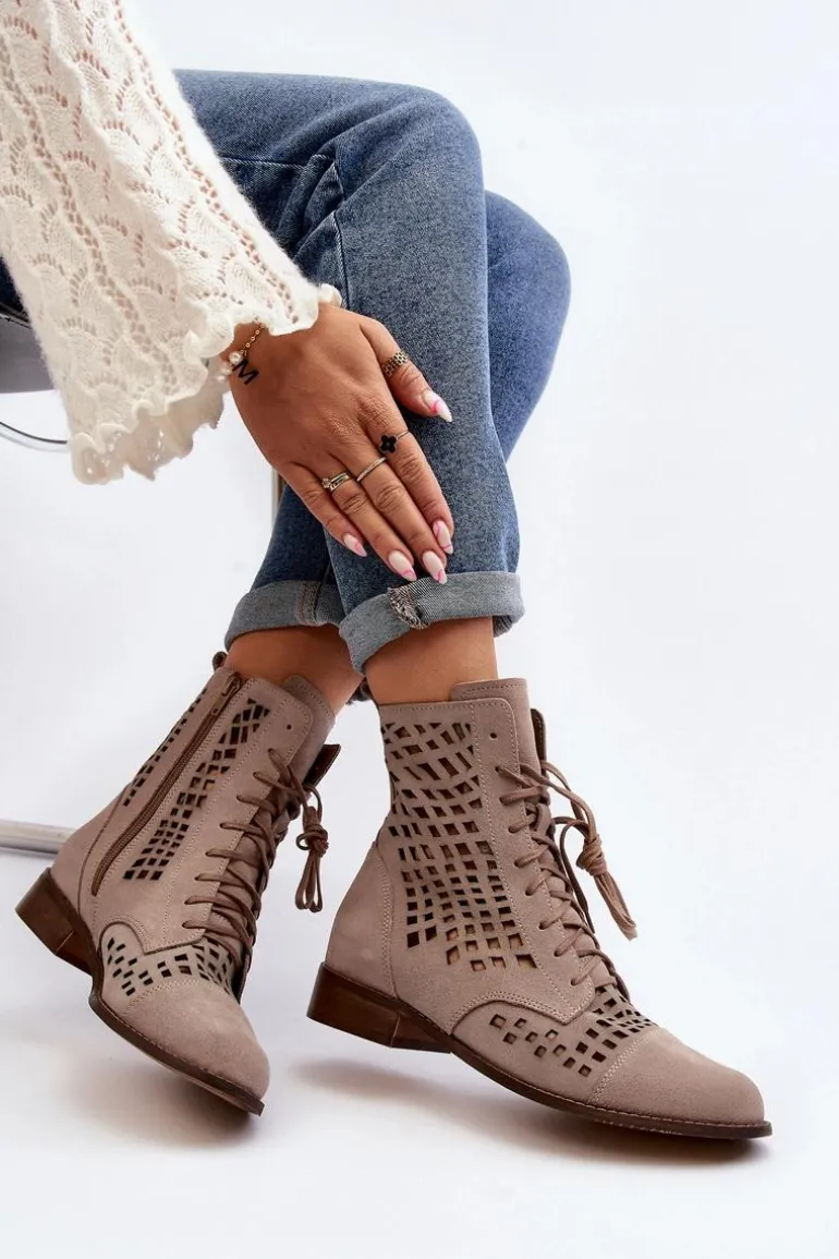 Zazoo 2627 Ażurowe Skórzane Botki Beżowe