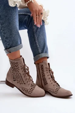 Zazoo 2627 Ażurowe Skórzane Botki Beżowe