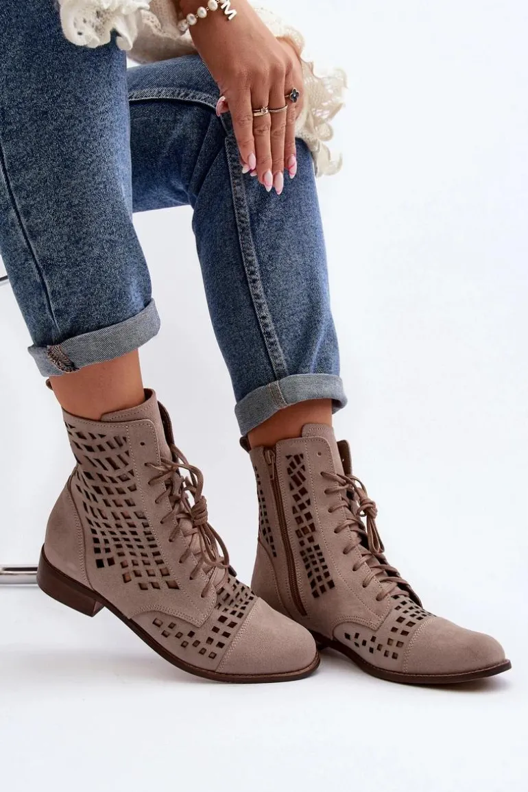 Zazoo 2627 Ażurowe Skórzane Botki Beżowe