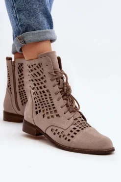 Zazoo 2627 Ażurowe Skórzane Botki Beżowe
